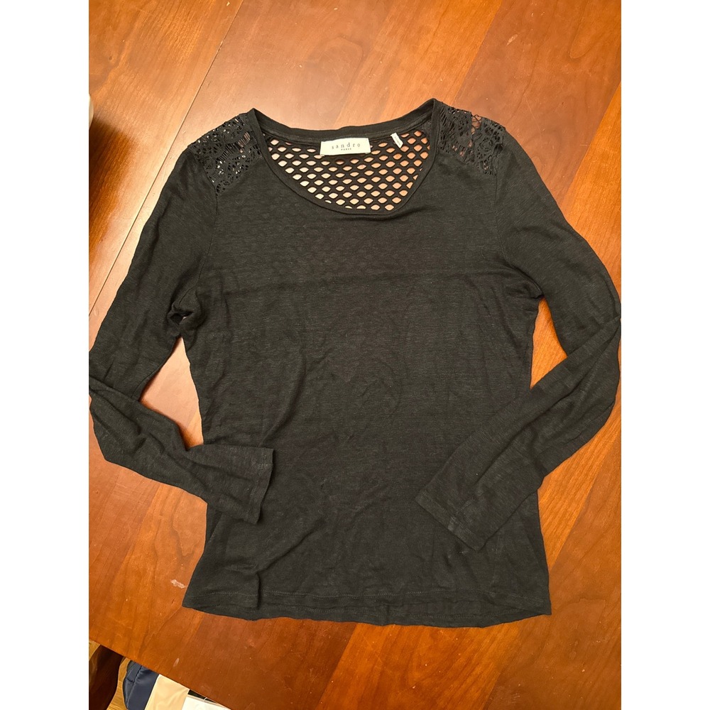 Sandro top small‎ black mesh lace long sleeve size 1